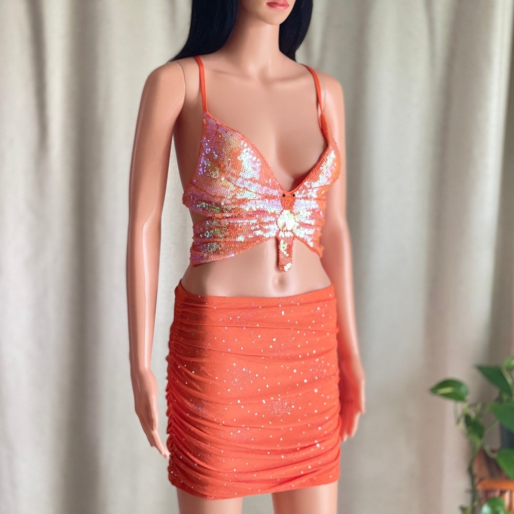 Orange Sequin Butterfly Crop Top Ruched Mini Skirt Two Piece Set Euphoria Rave M